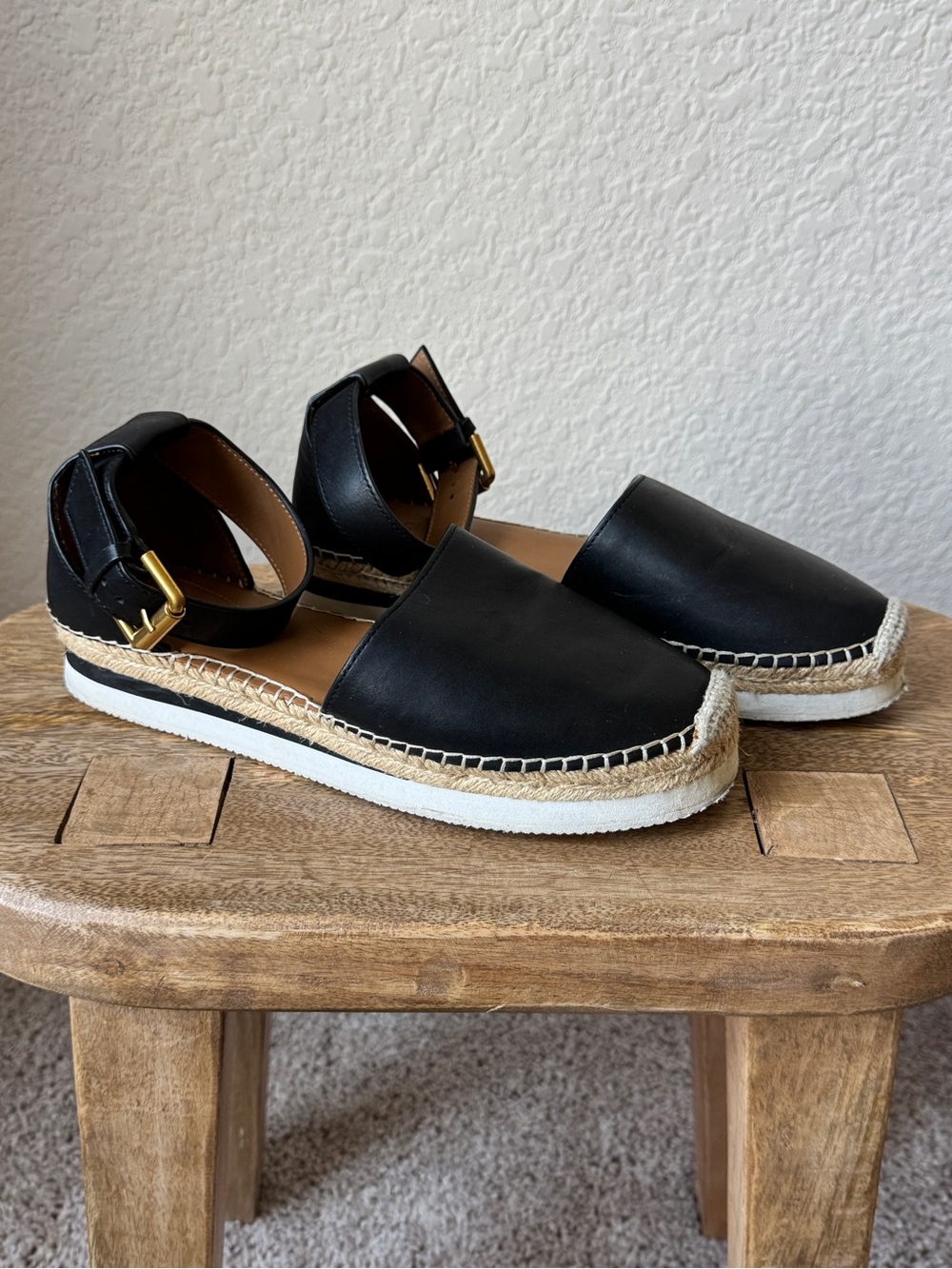 See by Chloe Black Leather Espadrille Sandals with Ankle Strap - Picture 1 of 5